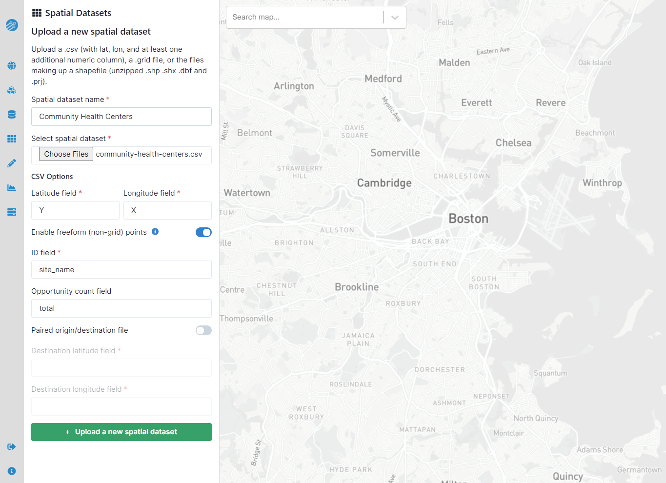 Setting fields for a freeform (non-grid) spatial dataset upload